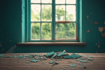 A pile of broken teal paint chips rests on a weathered wooden surface before a vintage teal window.