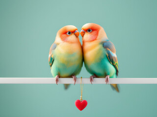 Two colorful birds touching beaks on a branch, showcasing vibrant feathers and a serene natural setting.