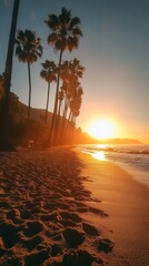 Wall Mural - Serene sunset over tropical beach with palm trees and golden sand on a tranquil evening