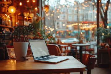 laptop on wooden table in cozy cafe with warm lights and plants