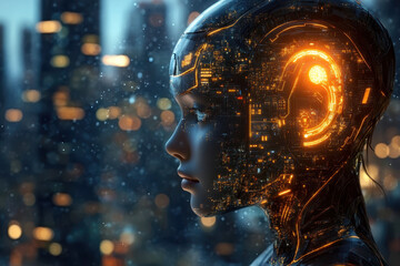 Poster - futuristic representation of AI ethics and responsibility, showcasing humanoid figure with