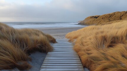 Wall Mural - Scenic coastal pathway leading to tranquil waters surrounded by mountains and clouds