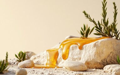 A scene depicting honey dripping from the side, with small stones and green plants on top of rocks against a light beige colored background, conveying a sense of space. There is no product featured. 