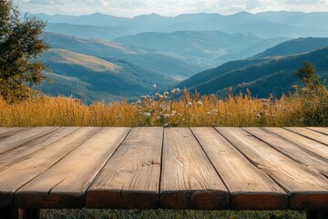 Wall Mural - Scenic mountain view with wooden platform overlooking lush valley and distant peaks in natural landscape