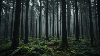  Mystical Foggy Forest in Dark Moody Atmosphere with Ancient Trees and Ferns

