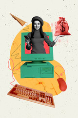 Aufkleber - Composite sketch design 3D photo collage of retro vintage computer keyboard monitor young lady appear smartphone bag message plane mouse