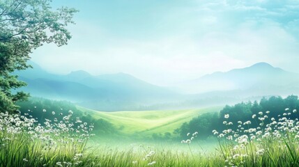 Poster - Tranquil landscape with soft hills and blooming flowers during a serene morning in nature. Generative AI