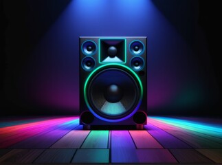 Colorful speaker illuminated by vibrant lights in a dark room enhances the atmosphere for music lovers and party enthusiasts