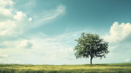 Poster - Expansive landscape with single tree under blue sky and fluffy clouds providing ample copy space for text. Generative AI
