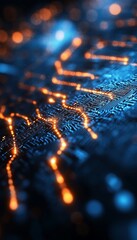 Poster - glowing abstract circuit diagram on dark texture for engineering, connectivity, and technology