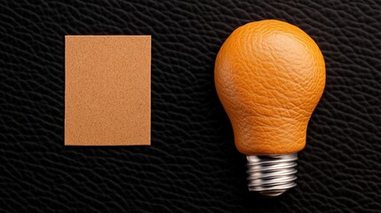 Wall Mural - Orange Lightbulb and Note: A small orange lightbulb and a rectangular note sit side-by-side on a black leather background, symbolizing ideas, innovation, and creativity.