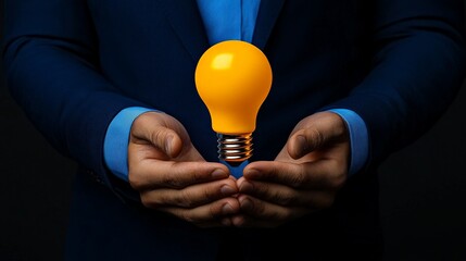 Wall Mural - Illuminating Ideas: A businessman's cupped hands cradle a glowing yellow light bulb, symbolizing the birth of innovative thought and the potential for brilliance in a dark world.  