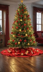 Wall Mural - A beautifully decorated Christmas tree sits on a wooden floor with golden accents and bright red decorations, refined, ornaments