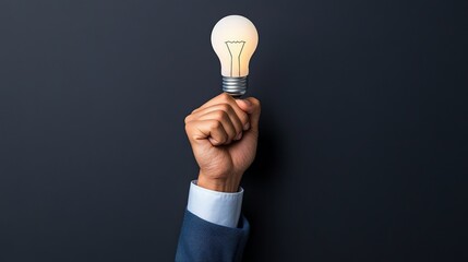 Wall Mural - Brilliant Idea: A hand in a business suit confidently holds a glowing lightbulb against a dark background, symbolizing innovation, inspiration, and the power of new ideas. 