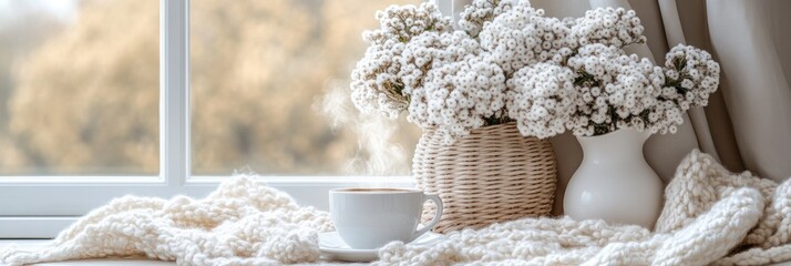 Wall Mural - Cozy autumn scene with coffee, flowers, and knitted blanket by window.