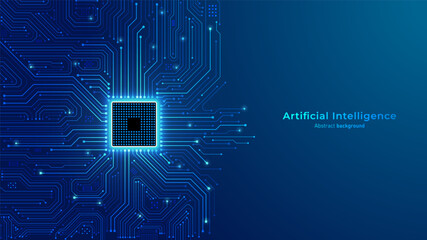 Fototapete - Concept of Artificial intelligence. Chip processor on circuit motherboard. Modern futuristic design background. Big Data and Machine Learning. Vector illustration.