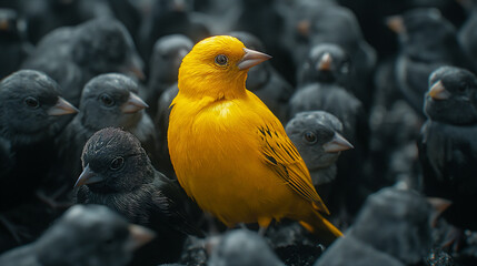 Bright yellow bird stands out among black birds in a striking natural setting. Generative AI