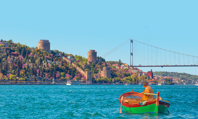 Wall Mural - Rumeli Hisari (hisar) in to Bosphorus Sea and bridge - Istanbul, Turkey