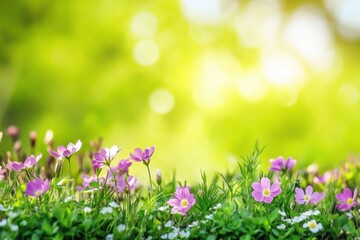Fototapete - Beautiful blooming flowers in a green field creating a vibrant natural backdrop for text or messages. Generative AI