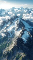 Wall Mural - Breathtaking aerial view of a plane flying over majestic green mountains in the daylight