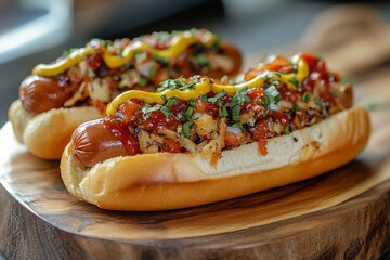 Enjoying delicious hot dogs topped with onions, ketchup, and mustard on a wooden platter