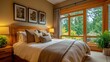 © Attasit - A cozy bedroom with warm wood accents, soft textiles, and a large window offering a garden view.