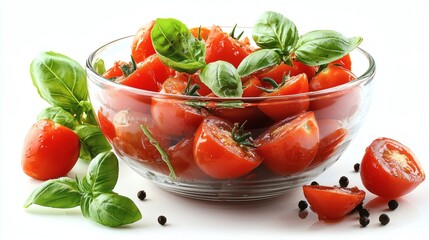 Poster - Isolated on white background a bowl of diced tomatoes neatly arranged for cooking preparation Stock Photo with side copy space