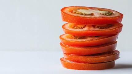 Aufkleber - Isolated on white background a stack of tomato slices creating a visually appealing gradient effect Stock Photo with side copy space