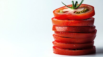 Aufkleber - Isolated on white background a stack of tomato slices creating a visually appealing gradient effect Stock Photo with side copy space