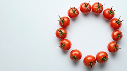 Aufkleber - Isolated on white background tomatoes arranged in a circle symbolizing simplicity and natural balance Stock Photo with side copy space