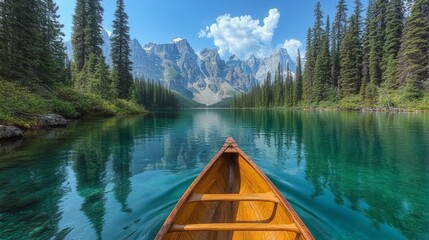 Wall Mural - Majestic canoe trip on a tranquil lake surrounded by mountains and pine trees