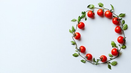 Aufkleber - Isolated on white background tomatoes arranged in a circle symbolizing simplicity and natural balance Stock Photo with side copy space