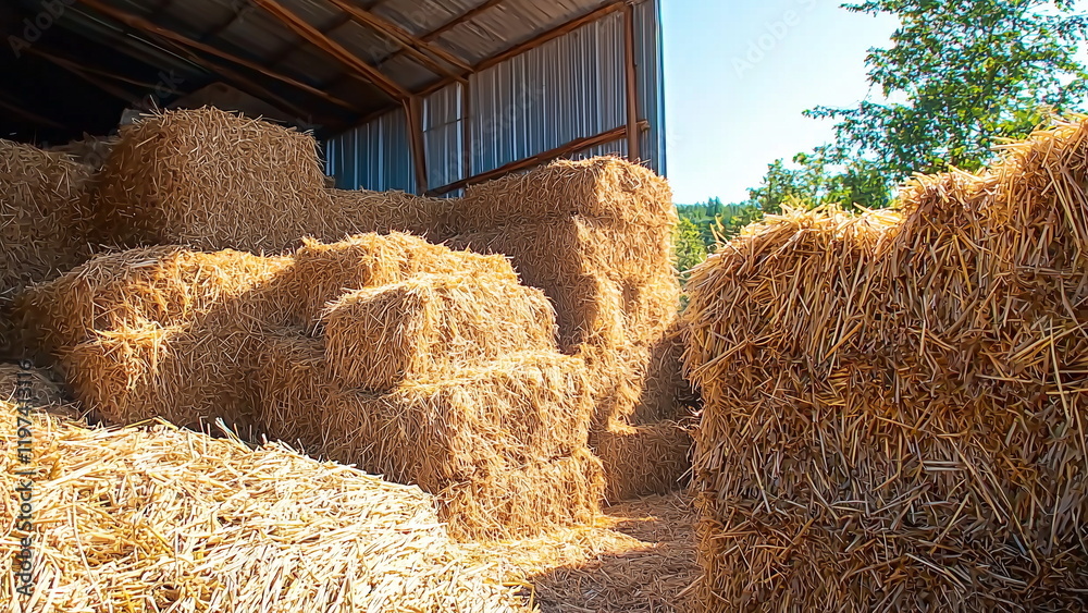 Farm Square Haystack Brown dry rectangular block haystacks kept at the storage area of a ...
