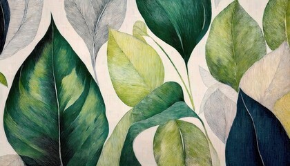 Poster - vibrant green leaf patterns on a light textured background for modern decor, eco branding, or nature inspired graphic designs

