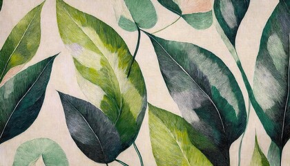 Poster - vibrant green leaf patterns on a light textured background for modern decor, eco branding, or nature inspired graphic designs

