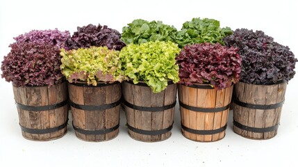 Poster - Isolated on white background a collection of fresh lettuce heads arranged neatly in a wooden basket Stock Photo with side copy space