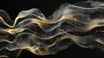 Aufkleber - Golden glittering waves with shimmering sparkles in swirling smoke on a black background creating a magical starry space texture for a modern holiday backdrop.