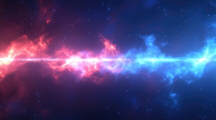 Aufkleber - Luminous cosmic light beams in vibrant red and blue hues cascading through dark starry clouds with ample empty space for text placement