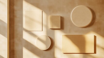 Aufkleber - Aesthetic signage mockups in soft beige tones arranged in various geometric shapes on a minimalist beige wall with natural light shadows and empty space for text placement
