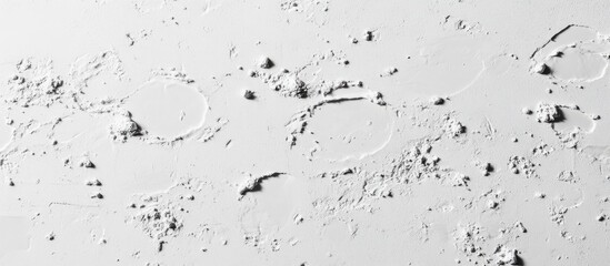 Poster - Textured white surface with abstract patterns created by footprints and small debris against a light background with Copy Space.