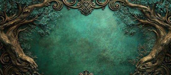 Poster - Vintage ornate frame design with intricate tree patterns on textured teal background featuring ample copy space.