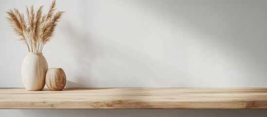 Poster - Minimalistic wooden shelf with decorative vases and dried grass on neutral background featuring ample Copy Space.
