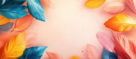 Poster - Vibrant autumn background with colorful blue orange yellow leaves framing pale pink blank space for text ideal for seasonal designs