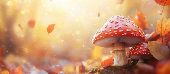 Poster - Red and White Mushrooms in Autumn Forest with Falling Leaves and Soft Natural Light Copy Space