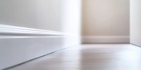 Poster - Interior hallway perspective with focus on floor and baseboard, soft light illuminating the space, Copy Space available.