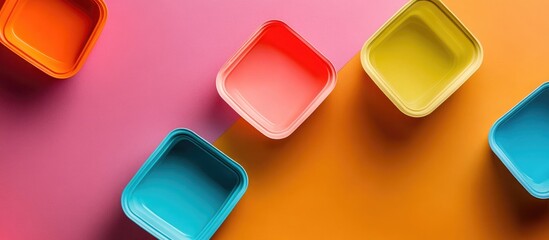 Poster - Colorful square plastic containers on a vibrant pink and orange background with Copy Space for text placement.