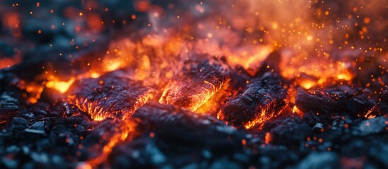 Poster - Close-up of glowing lava with embers and ash on black rocks isolated on dark background Copy Space