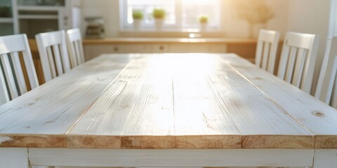 Poster - Bright wooden dining table with sunlight streaming in, interior design, modern kitchen setting, Copy Space available.