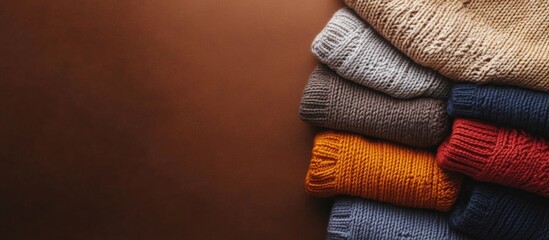Poster - Stack of cozy knitted sweaters in various colors on a textured brown background with copy space for text.