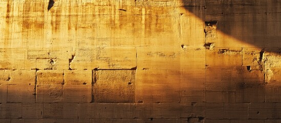 Poster - Textured ancient stone wall with fading inscriptions and shadows in warm golden light, Copy Space available.